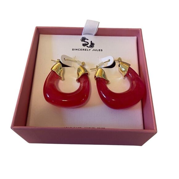 Sincerely Jules Hot Pink Semi-Translucent Hoop Earrings w/Gold Hardware. - Picture 5 of 7